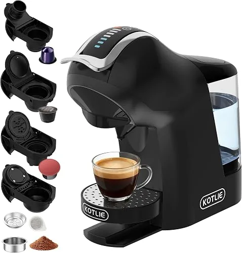 KOTLIE 5-in-1 Kapselkaffeemaschine 19 Bar, Multi-Kapselmaschine für Nespresso/Dolce Gusto/ESE Pads(44mm)/Kaffeepulver, 1L Wassertank, 3 Temperaturen/7 Wassermengen, Schwarz