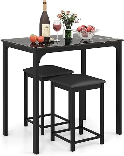 FANTASK 3 teiliges Esstisch Set, Bartisch mit Barhocker Set, Küchentischset mit gepolsterten Stühlen, Esstisch Küchentisch mit Metallgestell für Esszimmer Wohnzimmer, 90 x 60 x 82 cm (Schwarz)