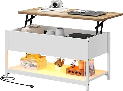 DWVO Wohnzimmertisch Höhenverstellbar mit Steckdose und 16-farbigem LED-Lichtstreifen, Couchtisch mit Verstecktem Stauraum für Wohnzimmer, Schlafzimmer und Büro, 100x50x(49-63.5) cm